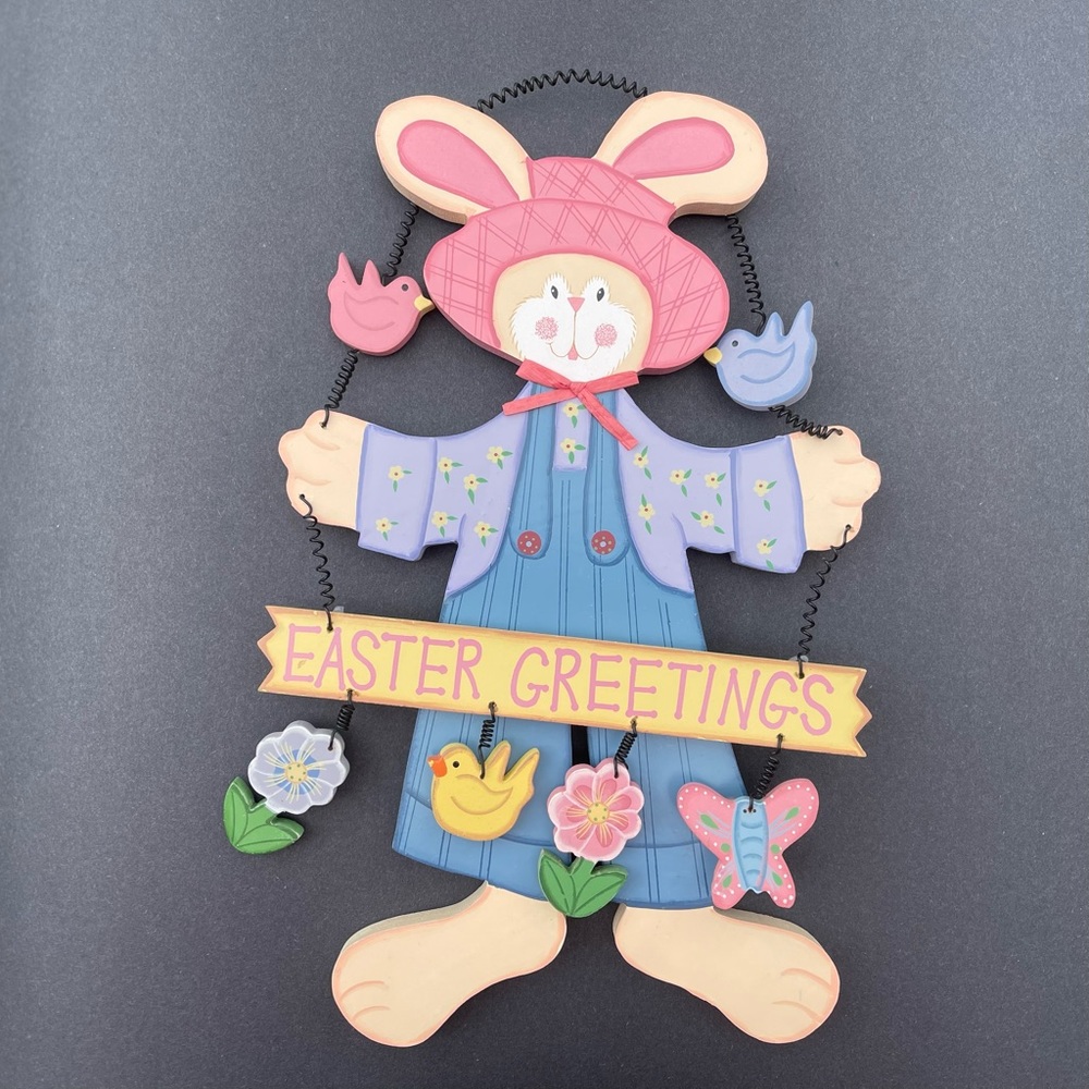 Easter Greetings Wooden Rabbit Plaque Sign 16” x 11”